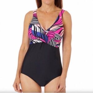 NEW Maxine of Hollywood One Piece Minimizer Swimsuit Black Pink Size 14